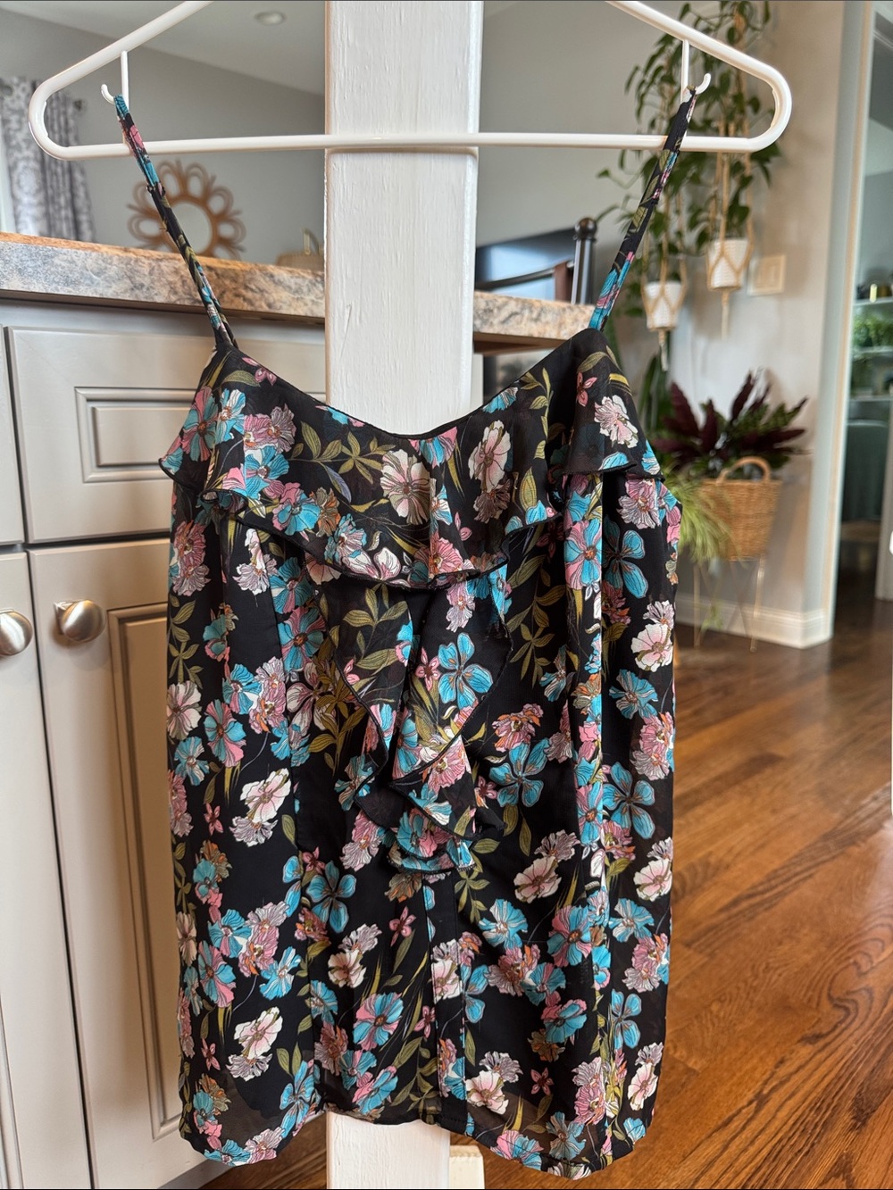 Black Floral Ruffle Tank Top with Pink & Teal Blossoms
